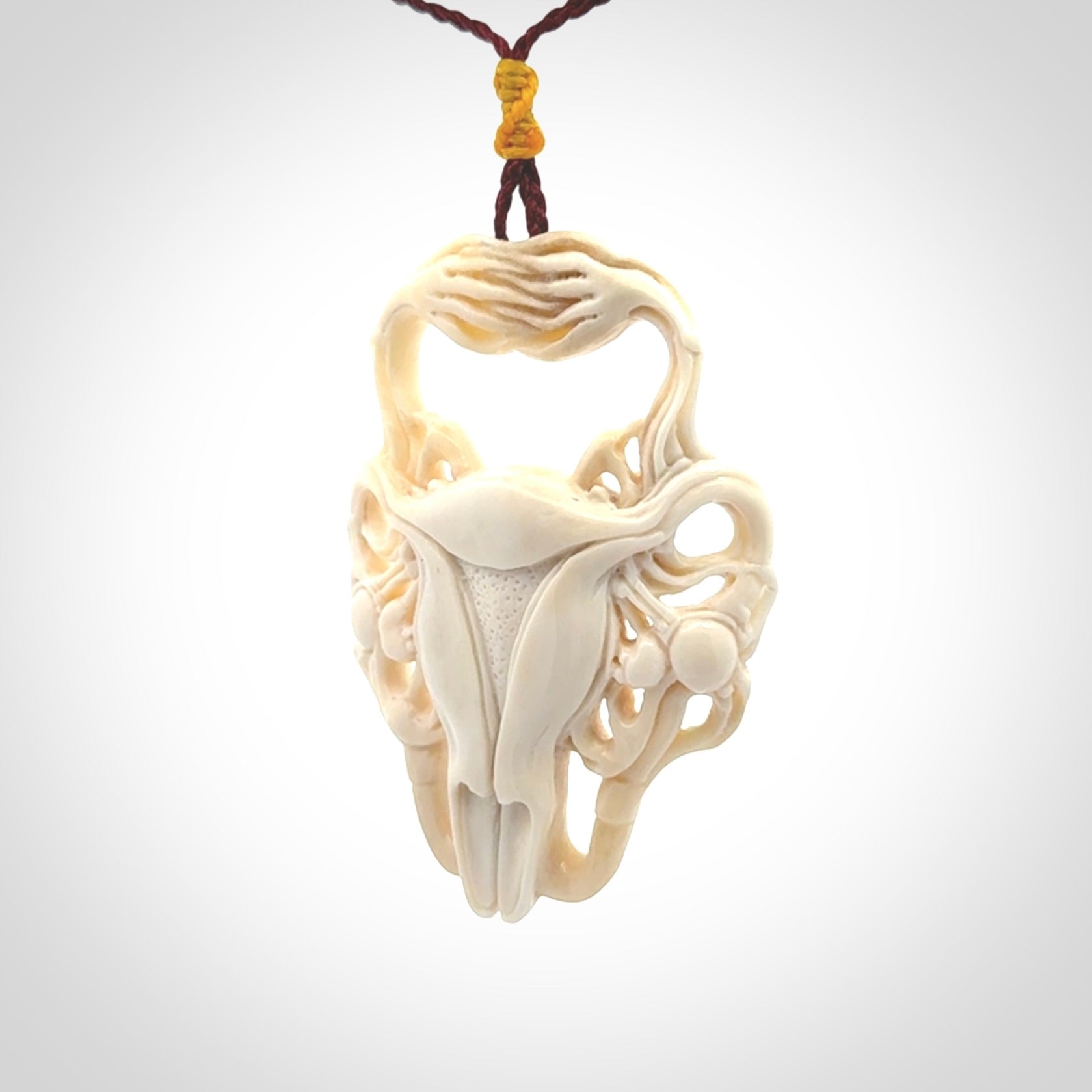 This is a hand carved contemporary bison bone skull pendant. This is a medium sized necklace and is a very unique, one only, pendant that is a piece for bison lovers.