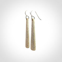 Hand carved large whalebone drop earrings hand made by Kristal Thompson. One only large whale bone drop earrings. Real whale bone art to wear. Free Shipping worldwide. One pair only, delivered in a kete pouch.