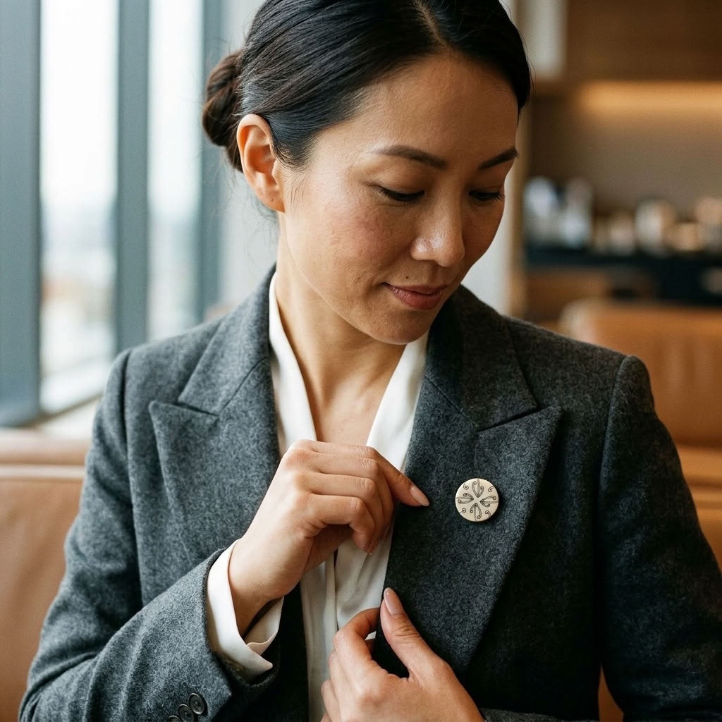 Woman wearing bone lapel pin