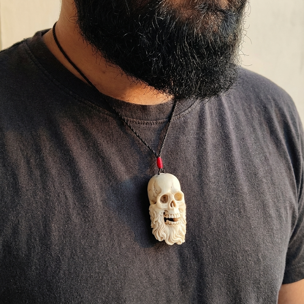 Person wearing a dark shirt with a skull pendant on a necklace.