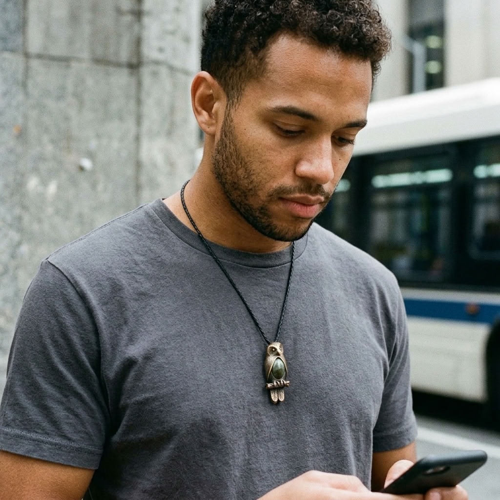 Man wearing bronze and jade owl pendant