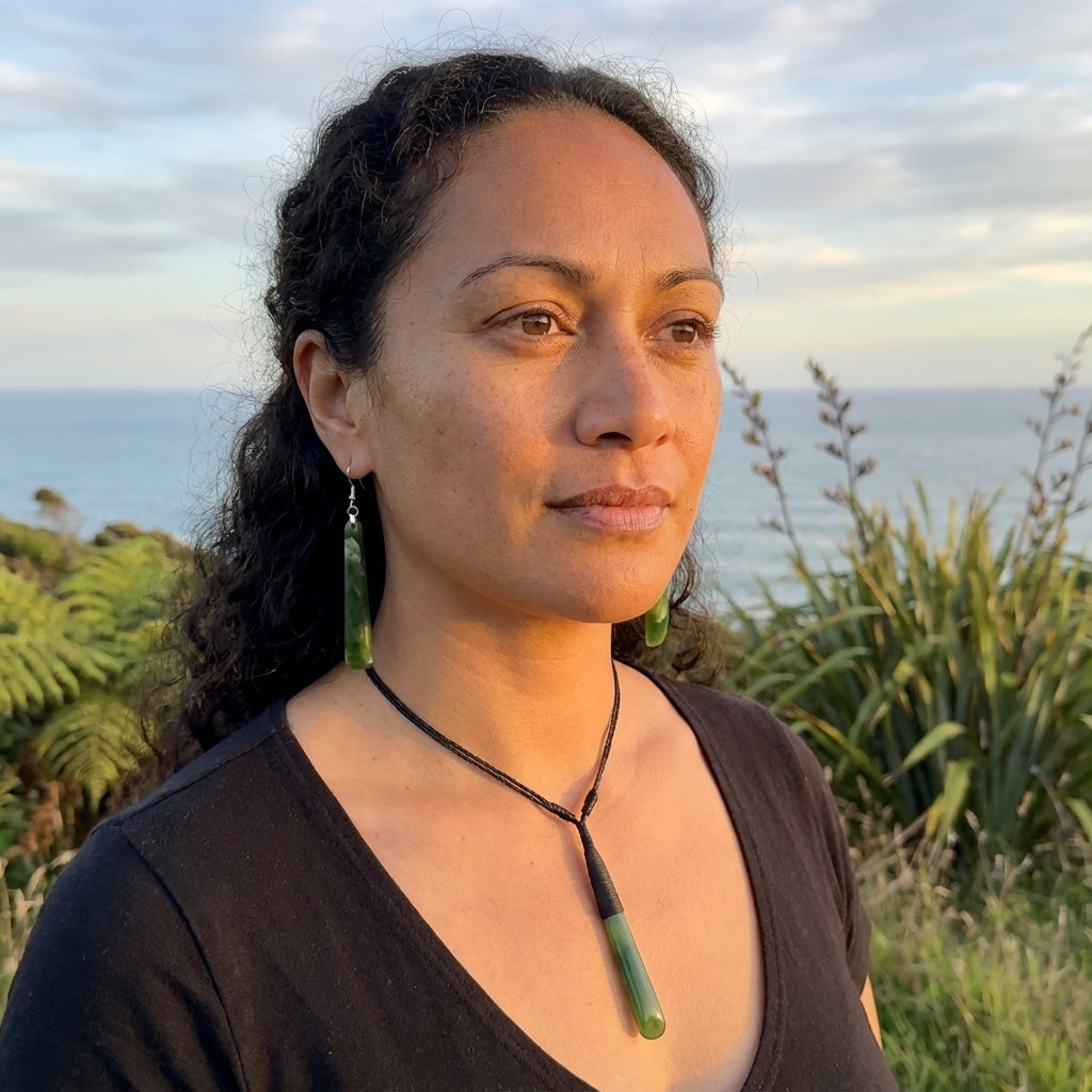 Woman with a necklace and matching earrings standing outdoors with plants and sky in the background