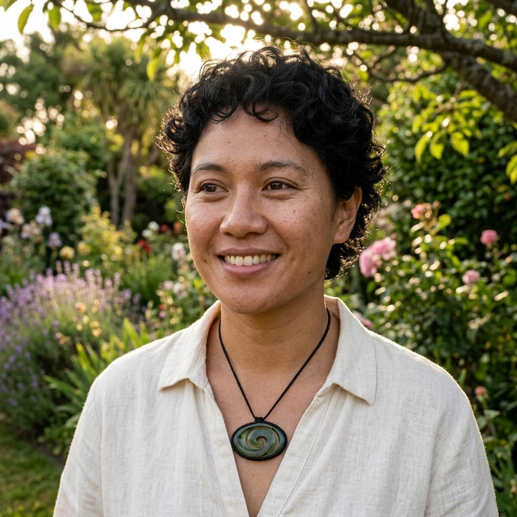 Woman wearing jade koru pendant