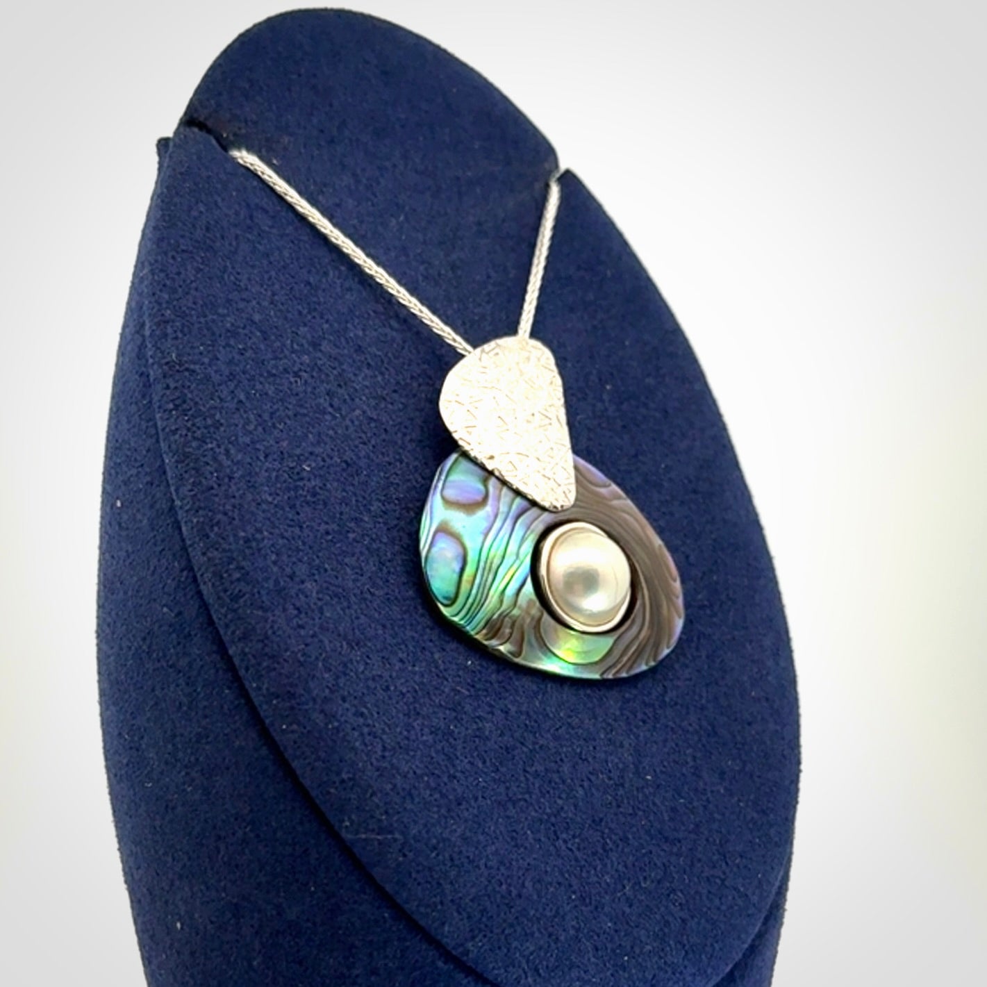 Paua Shell and Japanese White Pearl pendant with Sterling Silver