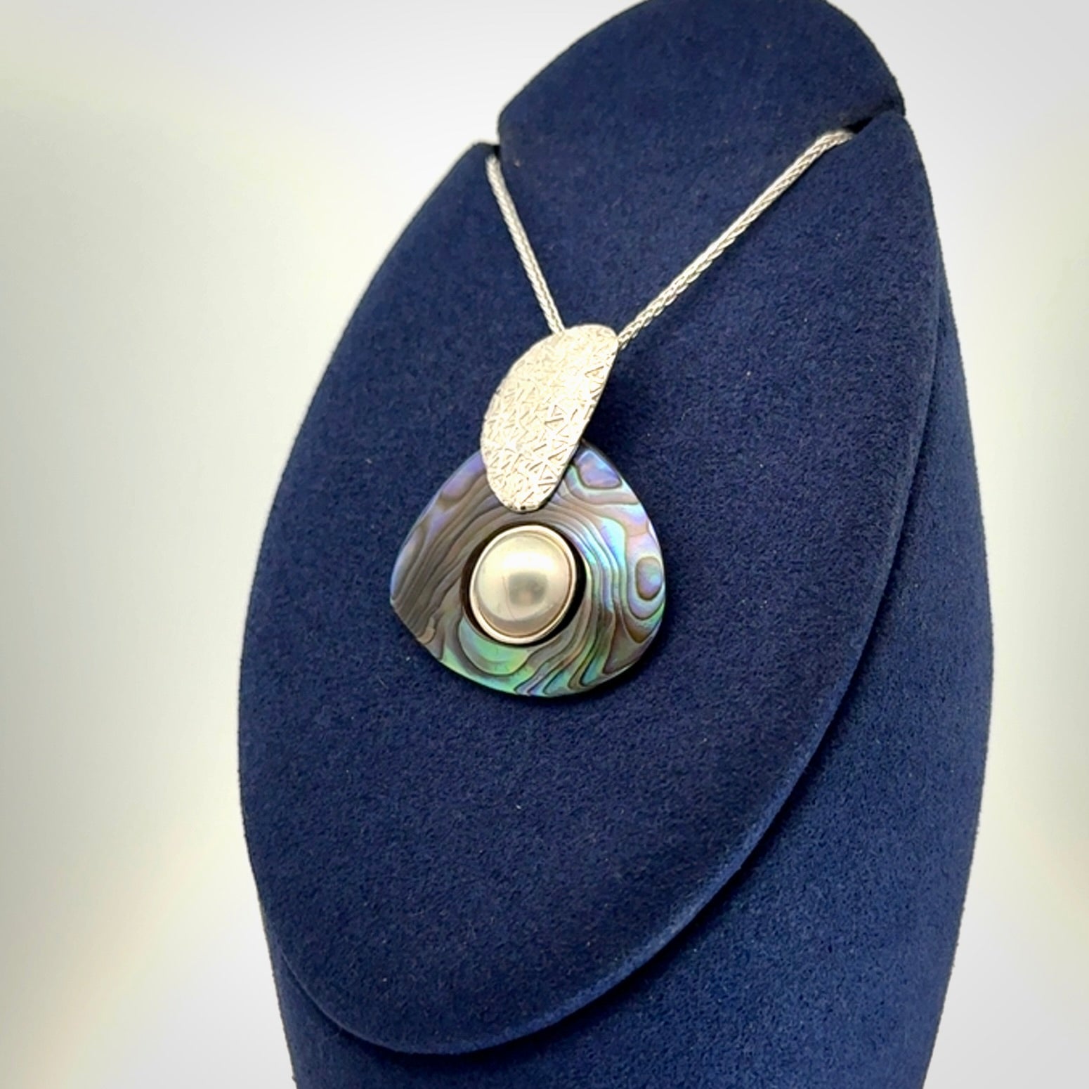 Paua Shell and Japanese White Pearl pendant with Sterling Silver