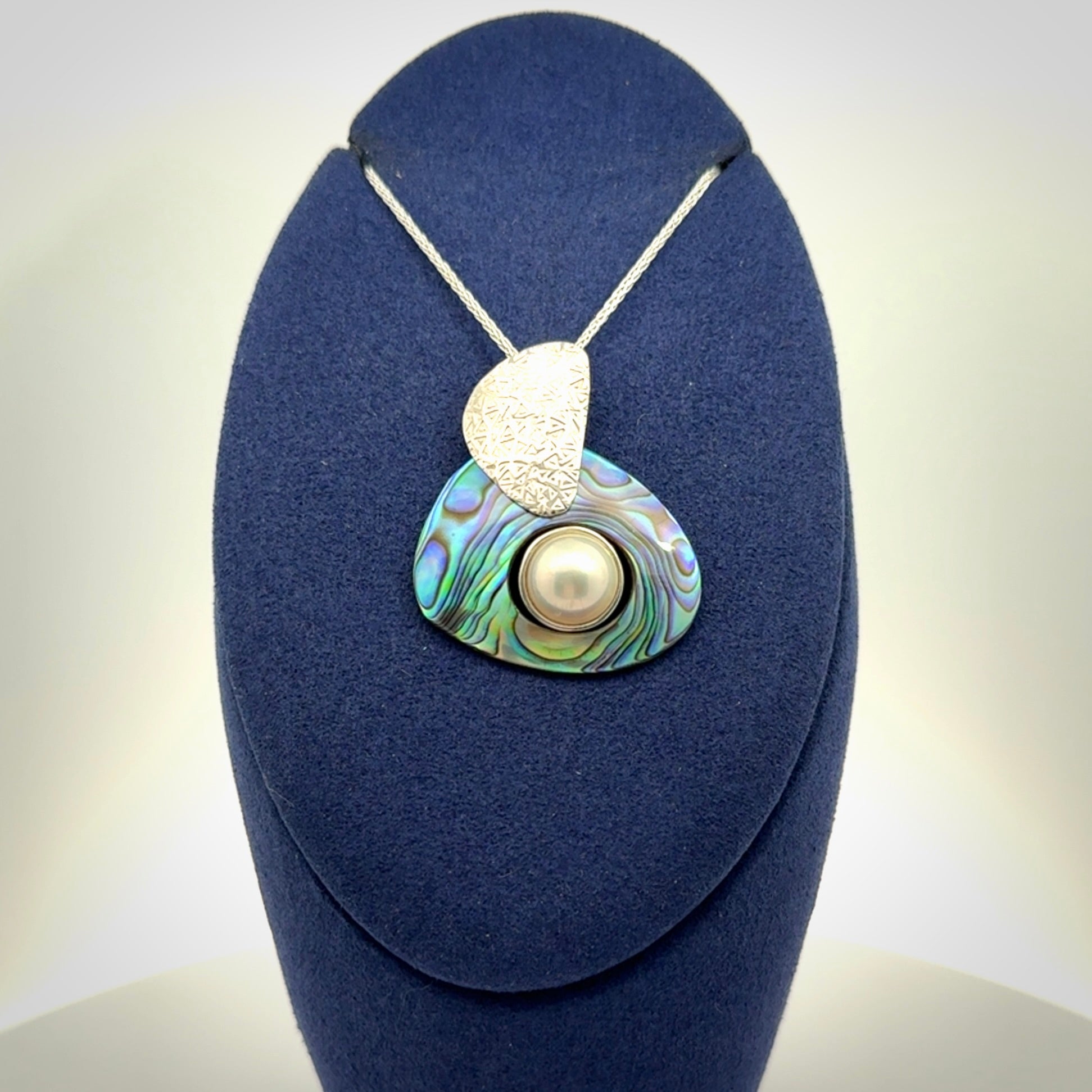 Paua Shell and Japanese White Pearl pendant with Sterling Silver