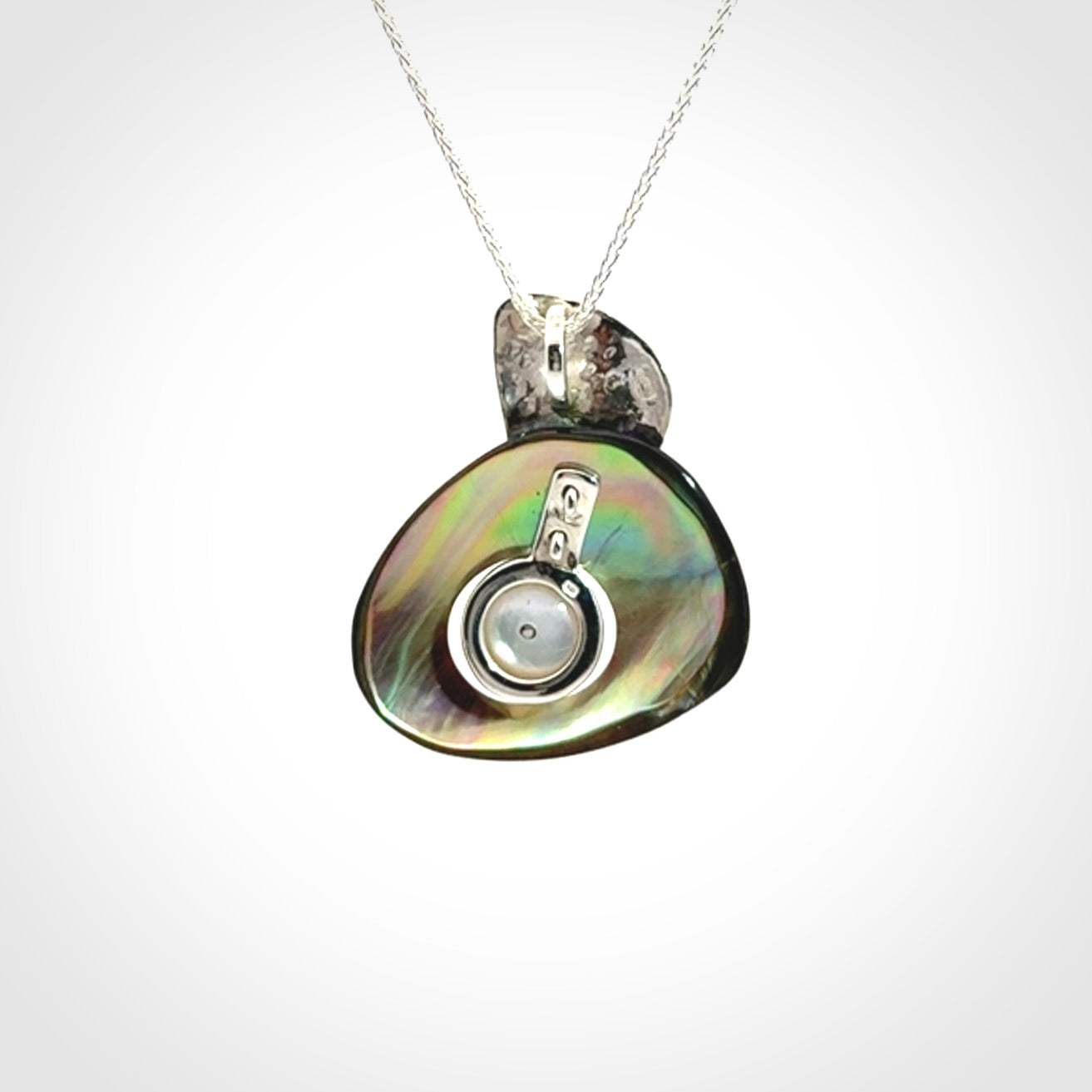 Paua Shell and Japanese White Pearl pendant with Sterling Silver