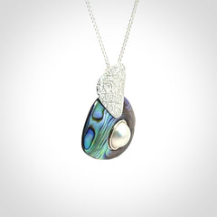 Paua Shell and Japanese White Pearl pendant with Sterling Silver