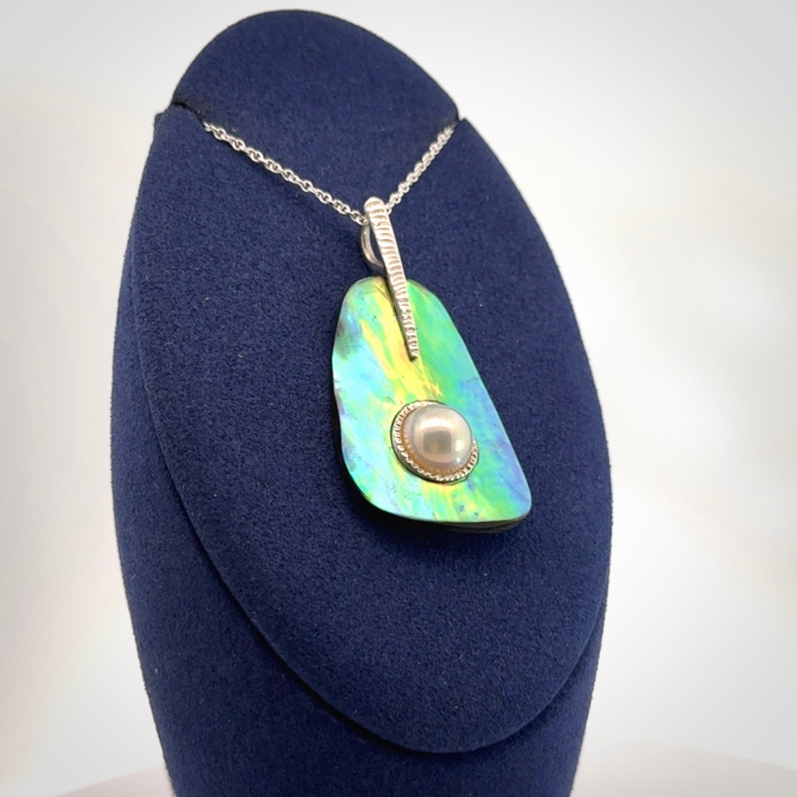 Hand crafted Paua Shell with Japanese White Mabe Pearl and Sterling Silver Pendant