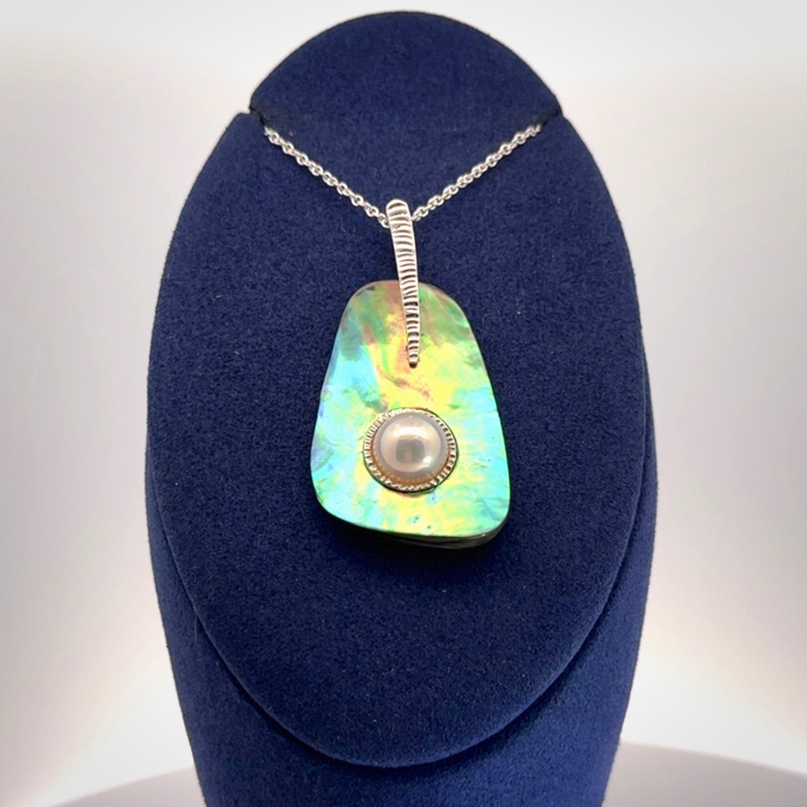Hand crafted Paua Shell with Japanese White Mabe Pearl and Sterling Silver Pendant