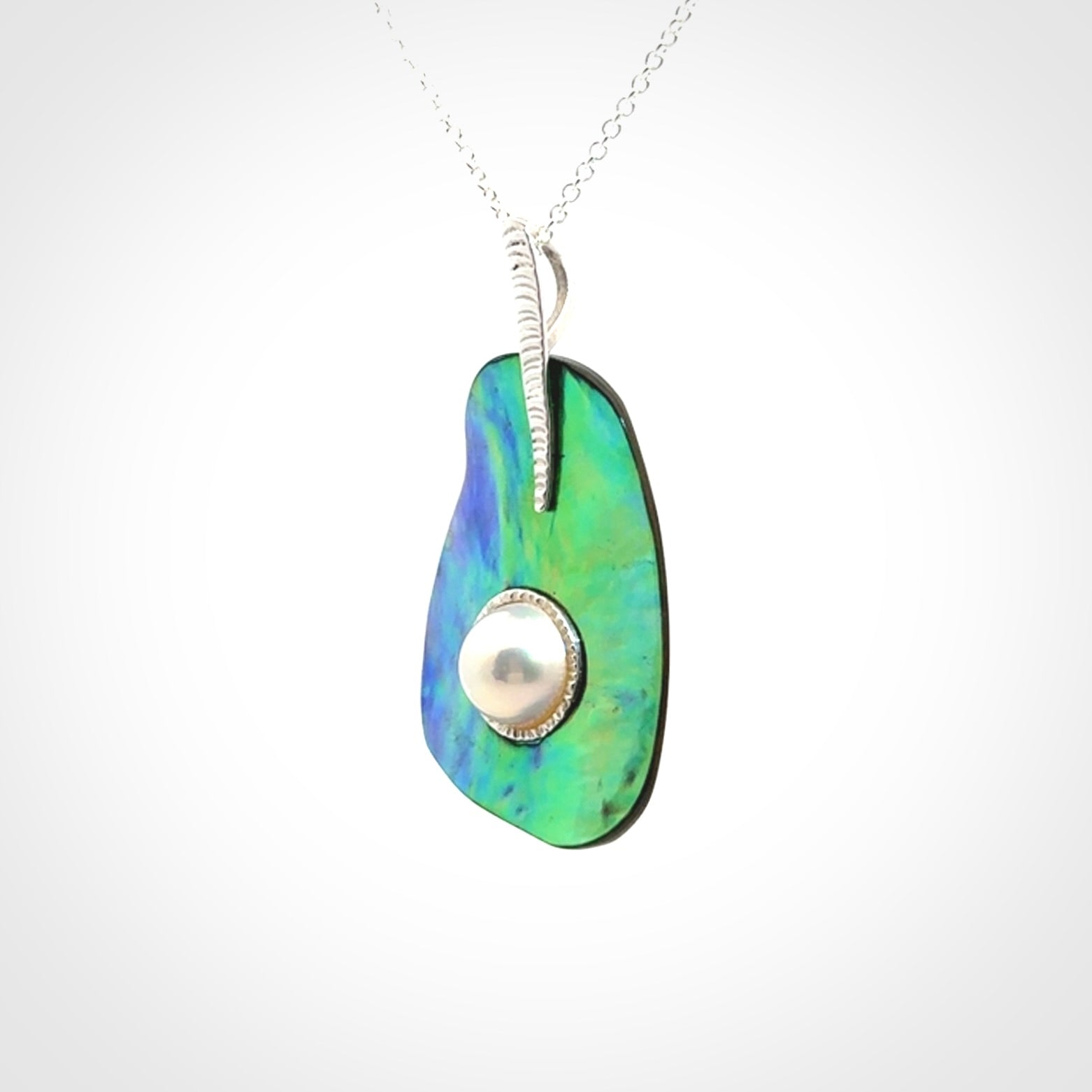 Hand crafted Paua Shell with Japanese White Mabe Pearl and Sterling Silver Pendant