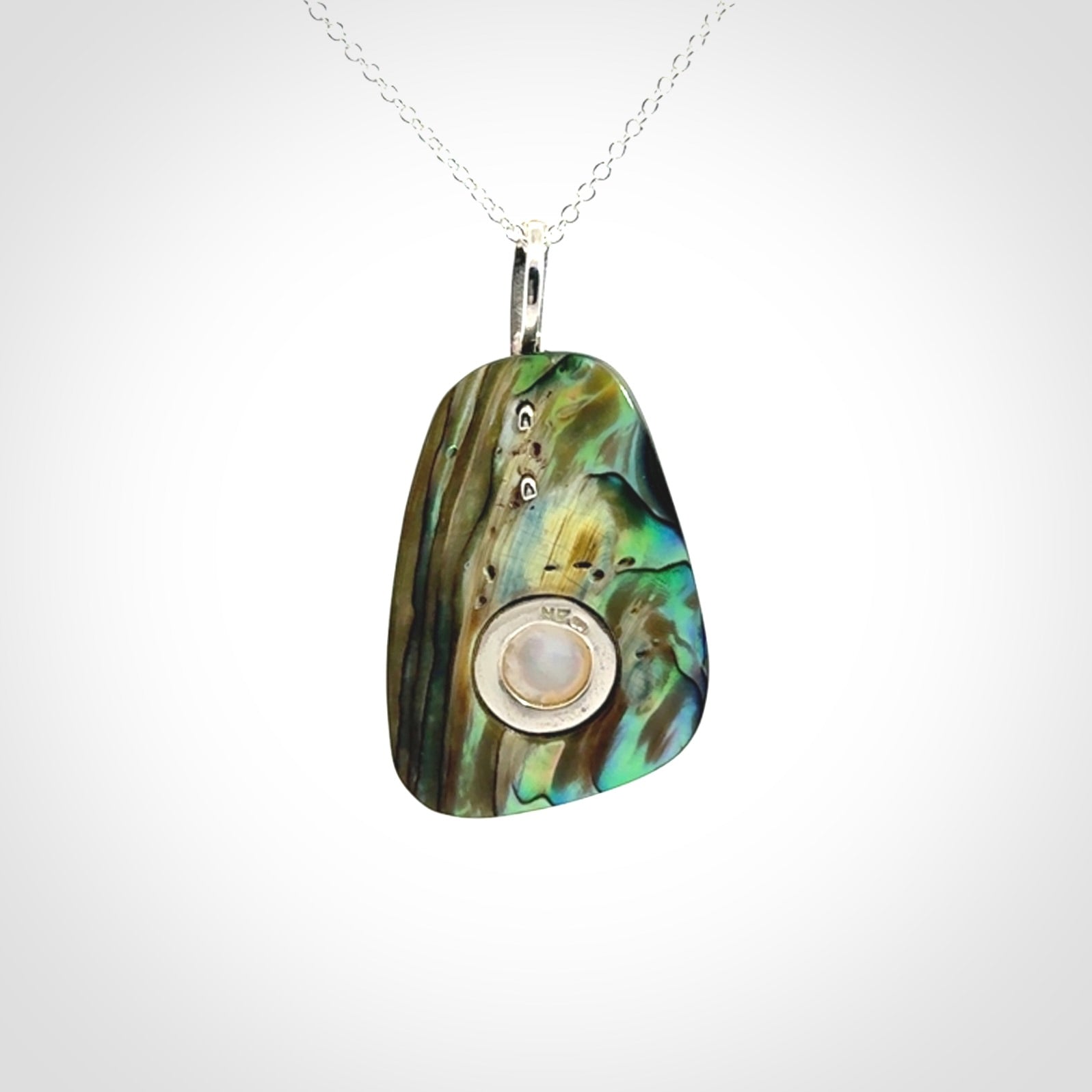 Hand crafted Paua Shell with Japanese White Mabe Pearl and Sterling Silver Pendant