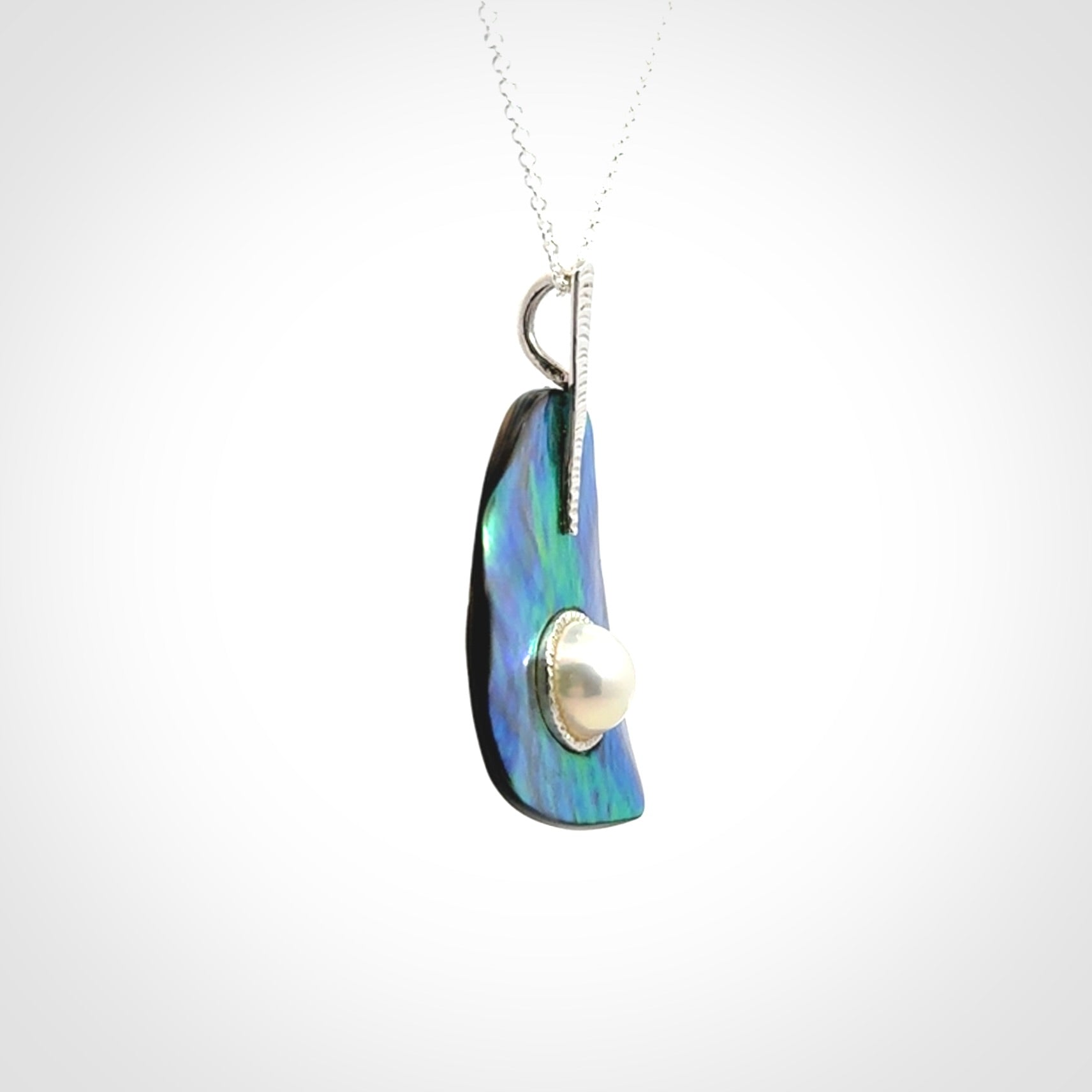 Hand crafted Paua Shell with Japanese White Mabe Pearl and Sterling Silver Pendant