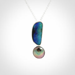 Paual Shell, Tahitian Black Mabe Pearl and Sterling Silver Drop Pendant
