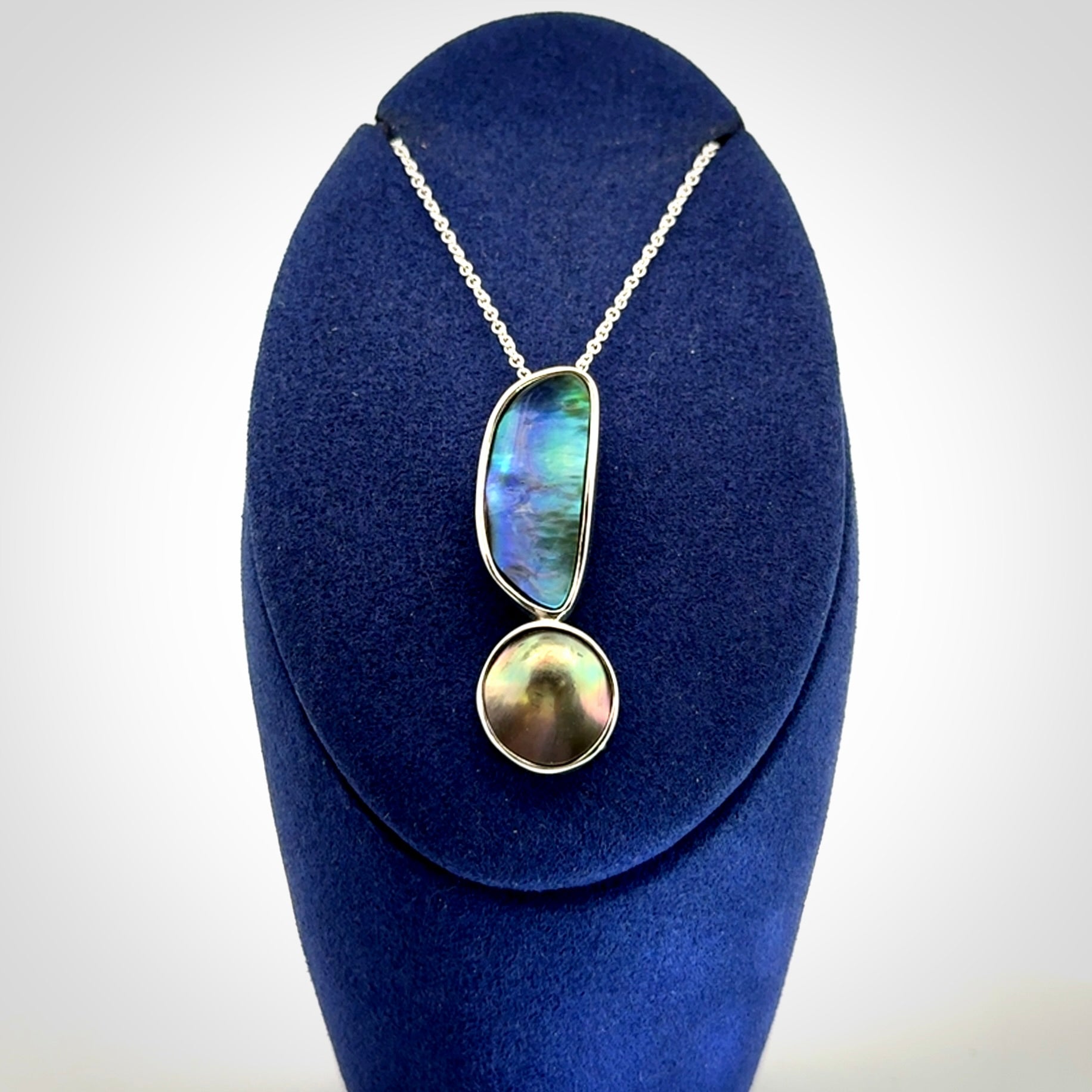 Paual Shell, Tahitian Black Mabe Pearl and Sterling Silver Drop Pendant