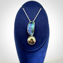 Paual Shell, Tahitian Black Mabe Pearl and Sterling Silver Drop Pendant