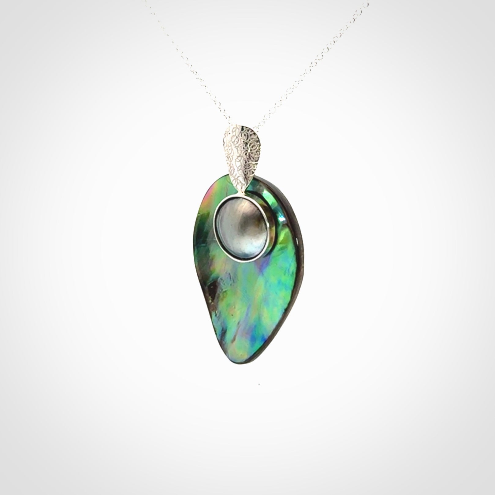 Hand Crafted Pāua Shell, Black Mabe Pearl and Sterling Silver pendant