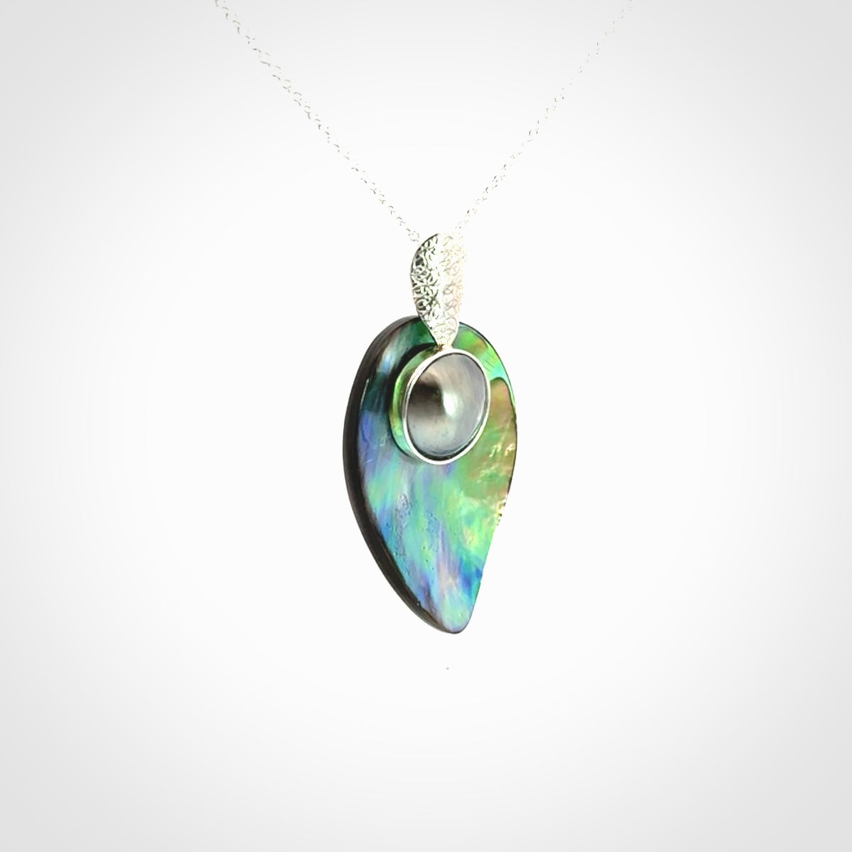 Hand Crafted Pāua Shell, Black Mabe Pearl and Sterling Silver pendant