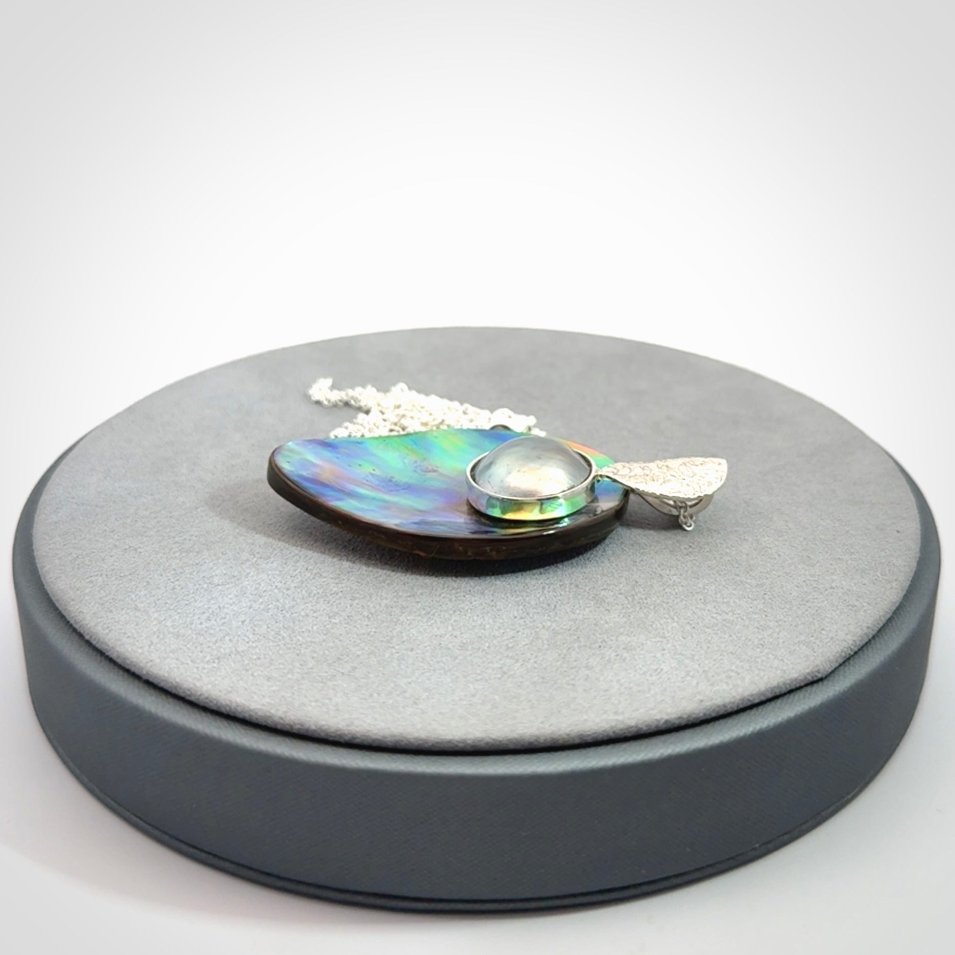 Hand Crafted Pāua Shell, Black Mabe Pearl and Sterling Silver pendant