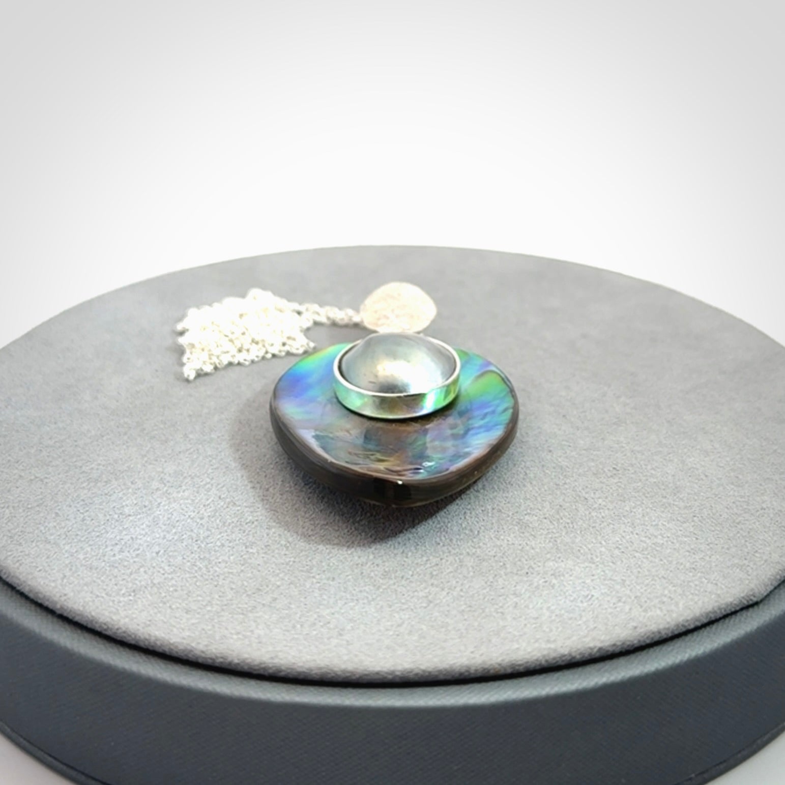 Hand Crafted Pāua Shell, Black Mabe Pearl and Sterling Silver pendant