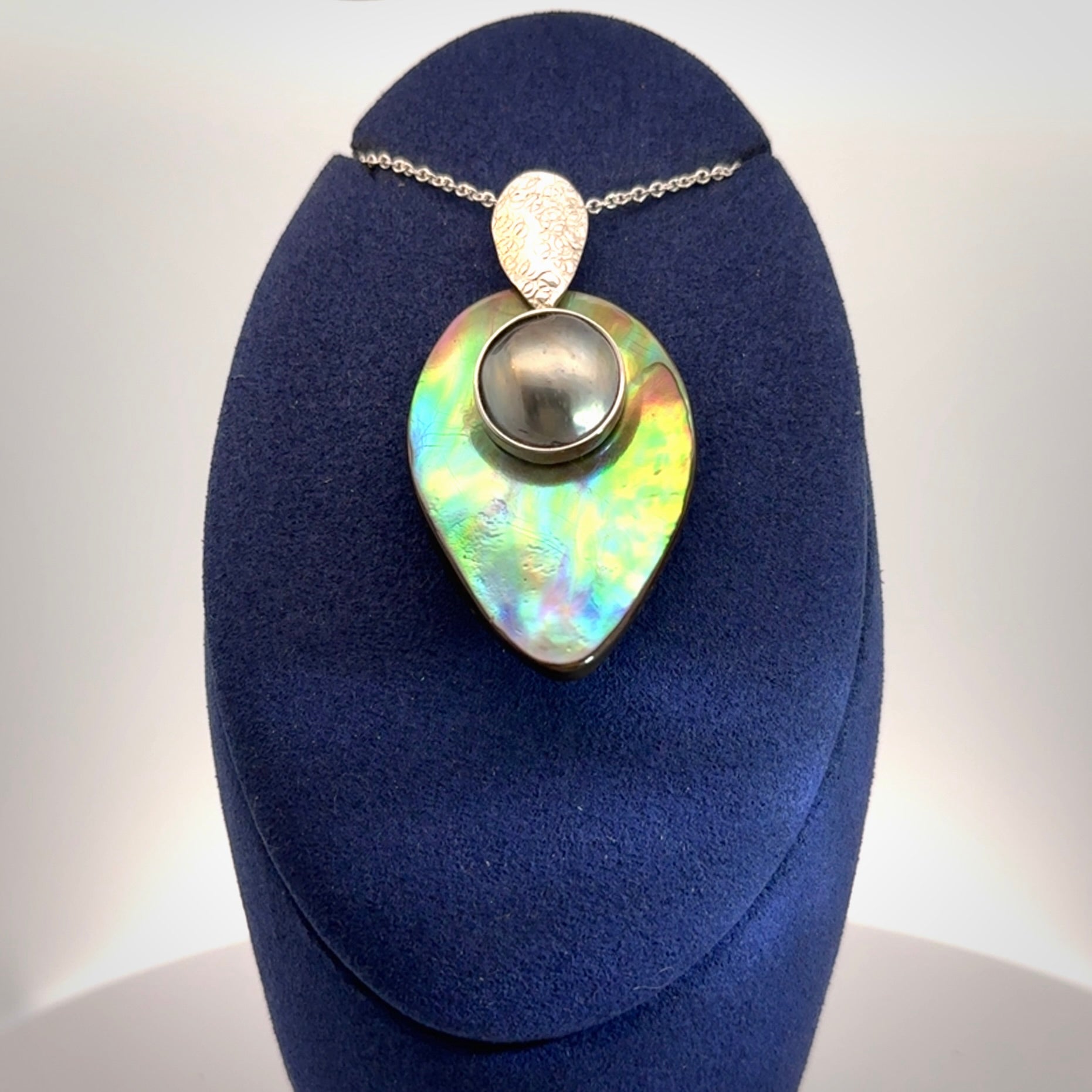 Hand Crafted Pāua Shell, Black Mabe Pearl and Sterling Silver pendant