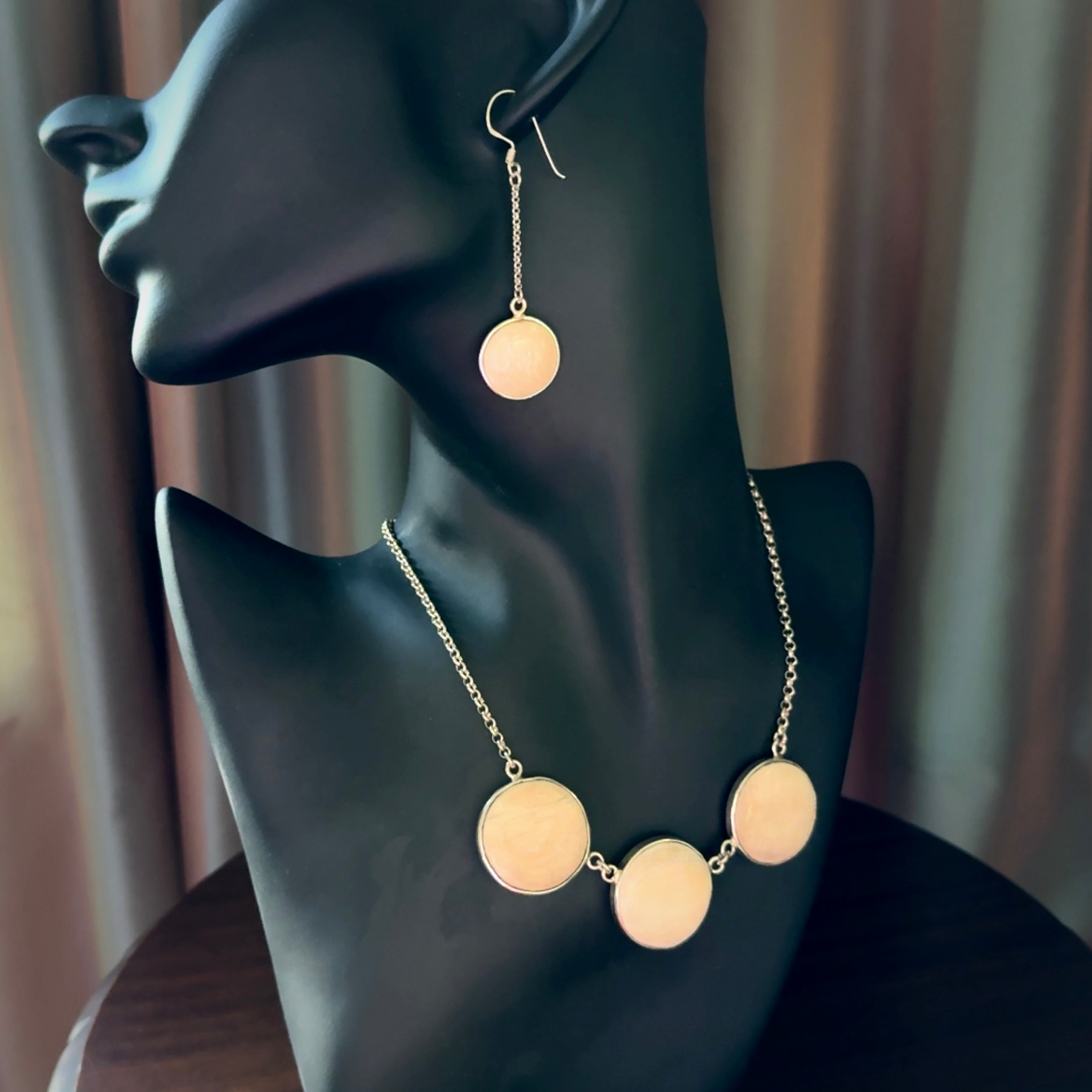 Hand made woolly mammoth tusk triple drop necklace with Sterling Silver and matching earrings.
