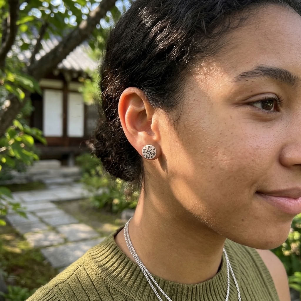 Woman wearing bone stud earrings