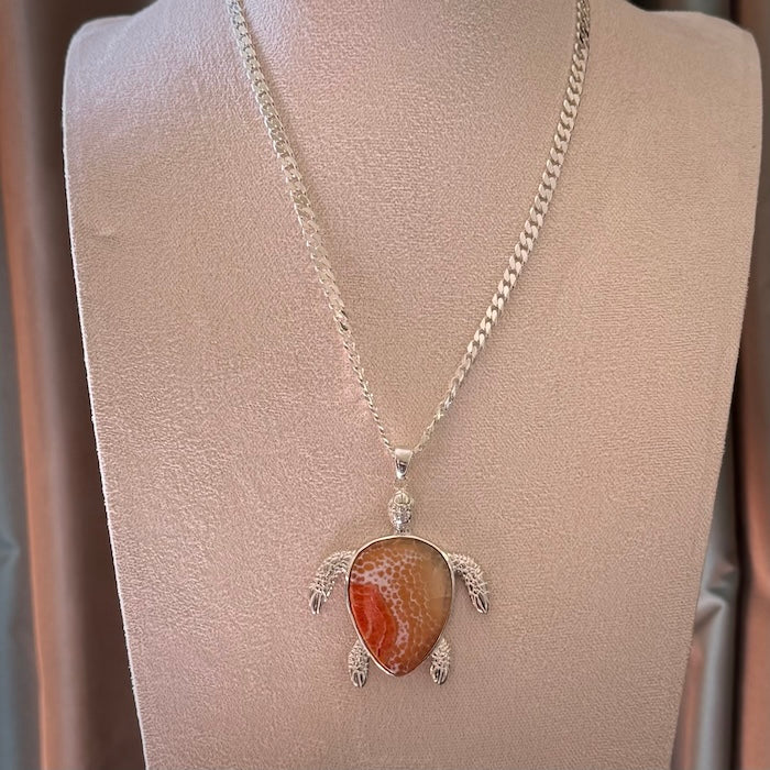 Hand made turtle pendant in snakeskin agate and sterling silver