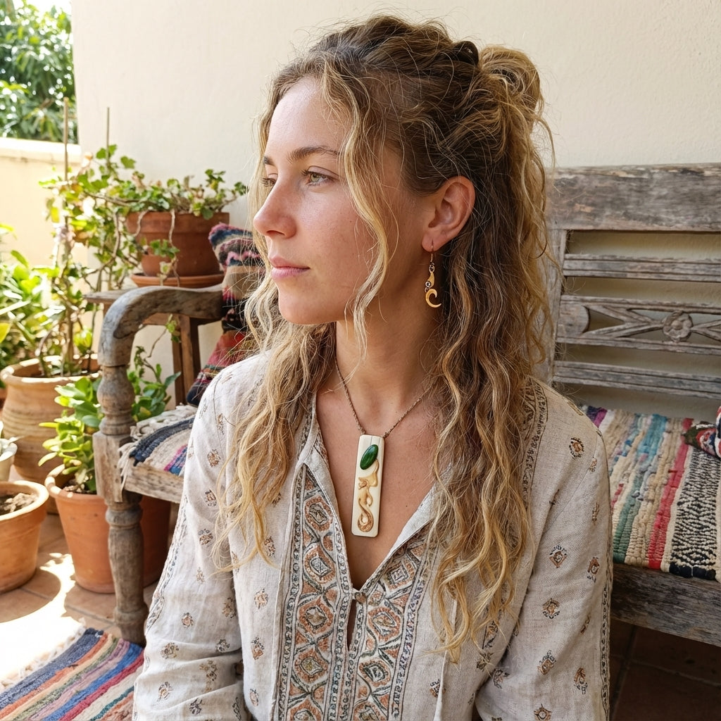 Woman wearing pendant with matching earring  sitting outdoors with plants and a wooden bench in the background.