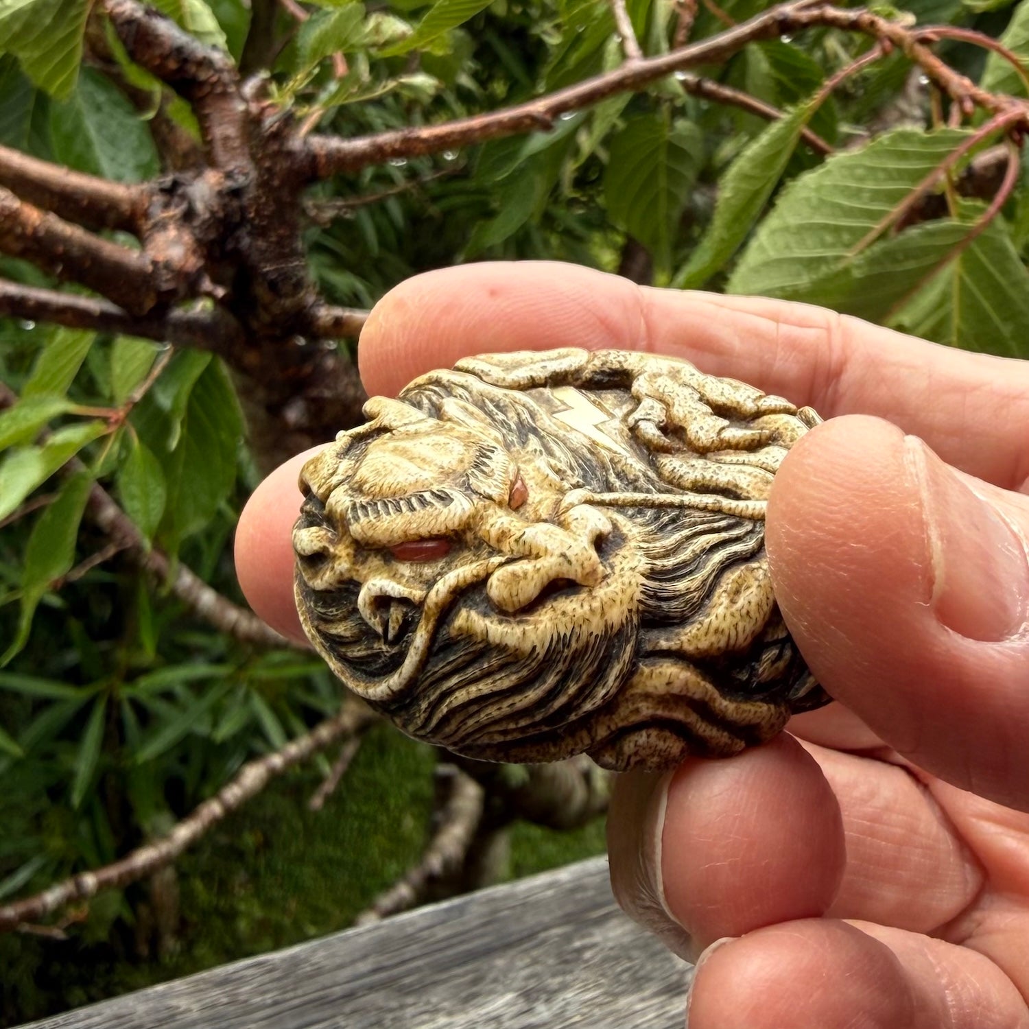 Hand carved red eyed dragon in the clouds made from Deer antler Crown with Mother of Pearl and Gold Leaf. Hand made by master bone carver Fumio Noguchi. Spectacular collectable work of art to display. One only, delivered to you at no extra cost with express courier.