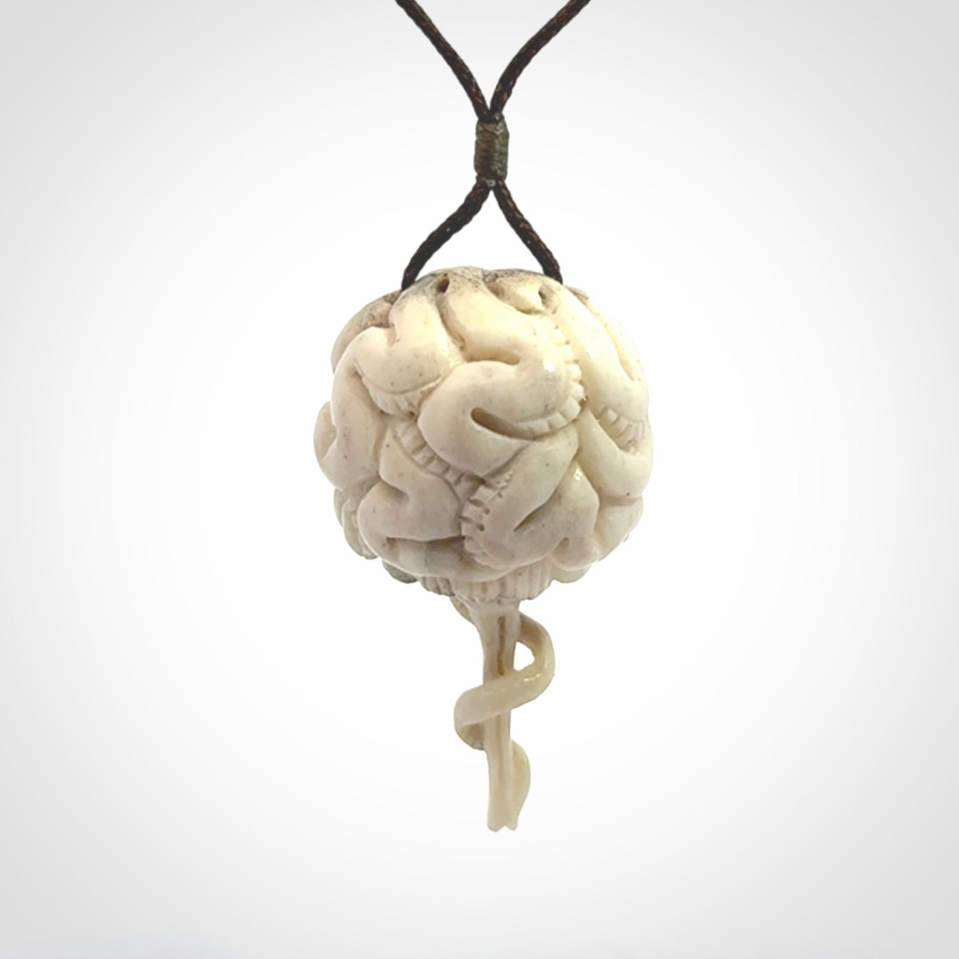Hand carved deer antler brain with snake pendant. Hand carved by NZ Pacific. Free postage worldwide. Hand made brain with snake head necklace from deer antler. Brain with snake necklace for men and women.