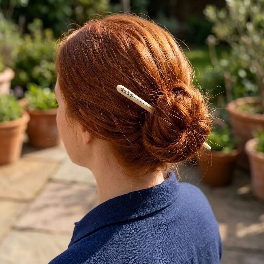 Woman wearing bone hair pin