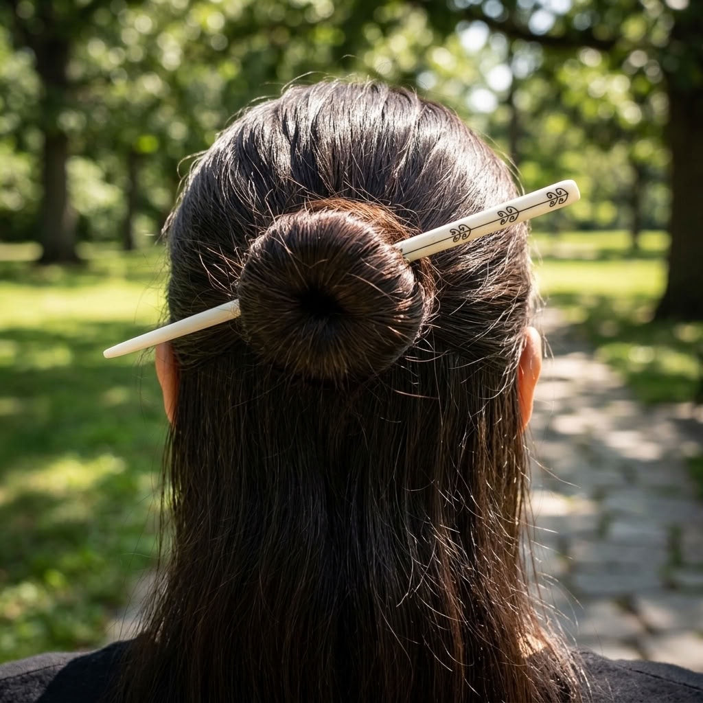 Woman wearing bone hair pin