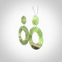 Hand crafted large, New Zealand Totoweka Jade drop earrings with Sterling Silver Hooks. Jade drop earrings, packaged in a woven kete pouch.