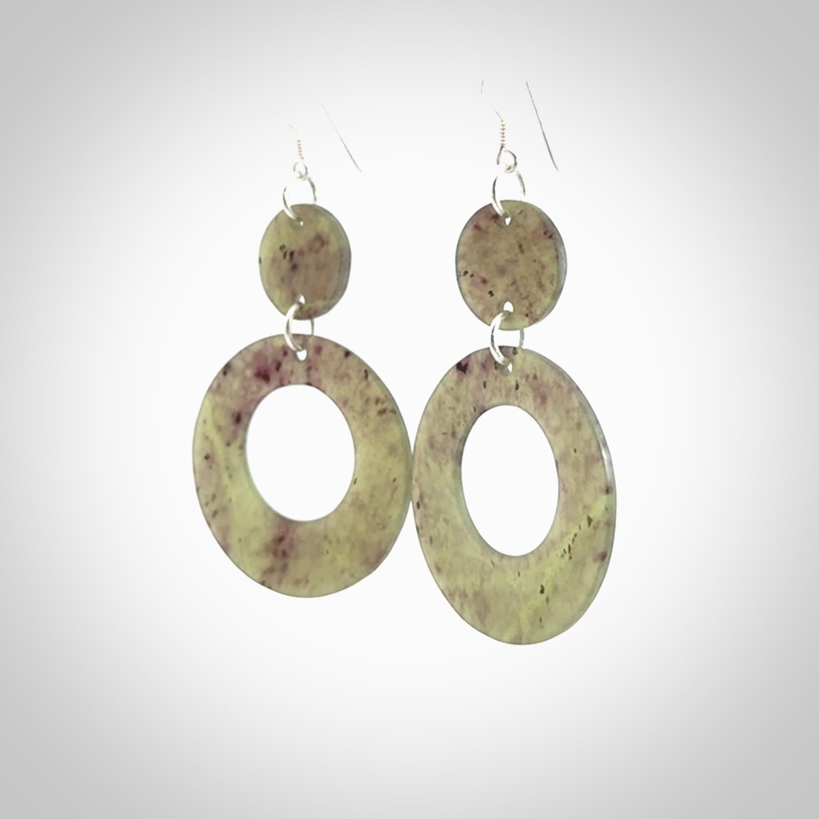 Hand crafted large, New Zealand Totoweka Jade drop earrings with Sterling Silver Hooks. Jade drop earrings, packaged in a woven kete pouch.