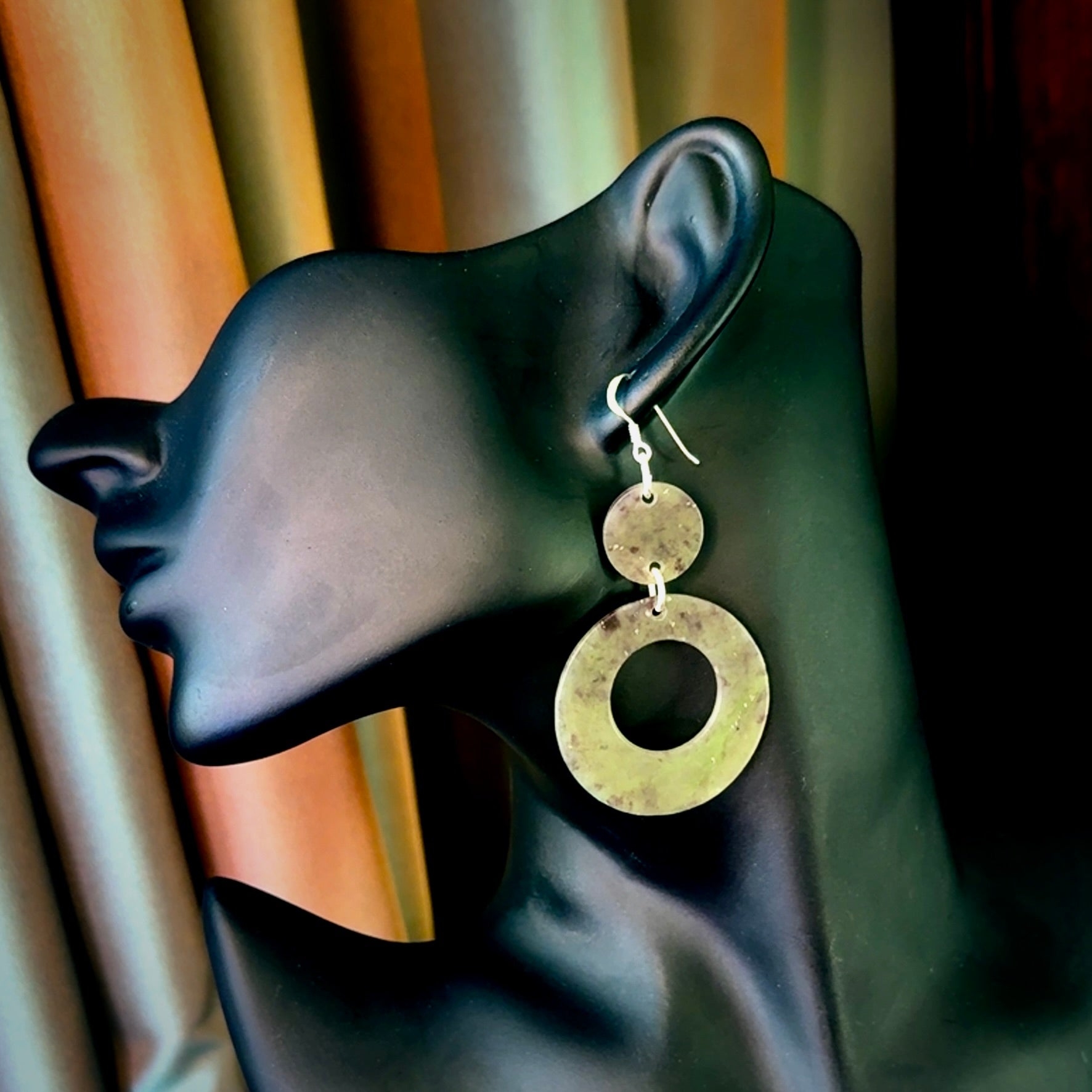 Hand crafted large, New Zealand Totoweka Jade drop earrings with Sterling Silver Hooks. Jade drop earrings, packaged in a woven kete pouch.