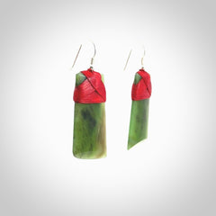 Hand crafted large, New Zealand Jade Totoweka toki earrings with Sterling Silver Hooks. Jade toki earrings, packaged in a woven kete pouch.