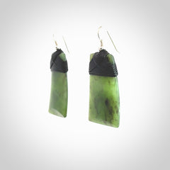 Hand crafted large, New Zealand Jade toki earrings with Sterling Silver Hooks. Jade toki earrings, packaged in a woven kete pouch.