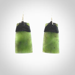 Hand crafted large, New Zealand Jade toki earrings with Sterling Silver Hooks. Jade toki earrings, packaged in a woven kete pouch.