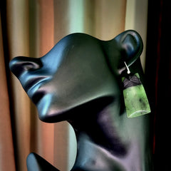 Hand crafted large, New Zealand Jade toki earrings with Sterling Silver Hooks. Jade toki earrings, packaged in a woven kete pouch.
