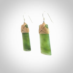 Hand crafted large, New Zealand Jade toki earrings with Sterling Silver Hooks. Jade toki earrings, packaged in a woven kete pouch.
