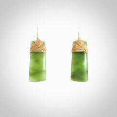 Hand crafted large, New Zealand Jade toki earrings with Sterling Silver Hooks. Jade toki earrings, packaged in a woven kete pouch.