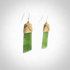 Hand crafted large, New Zealand Jade toki earrings with Sterling Silver Hooks. Jade toki earrings, packaged in a woven kete pouch.