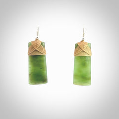 Hand crafted large, New Zealand Jade toki earrings with Sterling Silver Hooks. Jade toki earrings, packaged in a woven kete pouch.