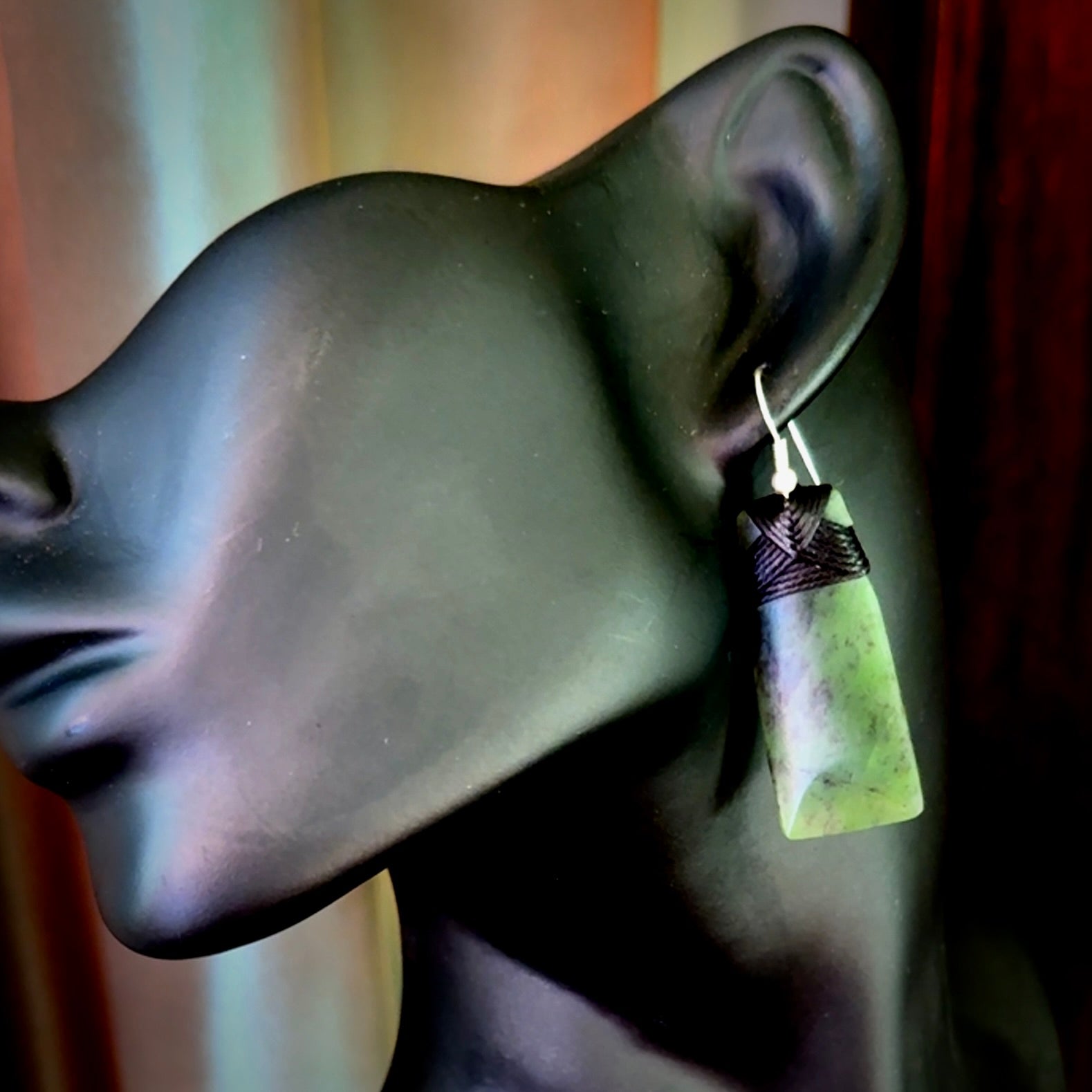 Hand crafted large, New Zealand Jade toki earrings with Sterling Silver Hooks. Jade toki earrings, packaged in a woven kete pouch.
