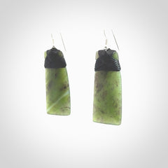 Hand crafted large, New Zealand Jade toki earrings with Sterling Silver Hooks. Jade toki earrings, packaged in a woven kete pouch.
