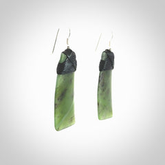 Hand crafted large, New Zealand Jade toki earrings with Sterling Silver Hooks. Jade toki earrings, packaged in a woven kete pouch.