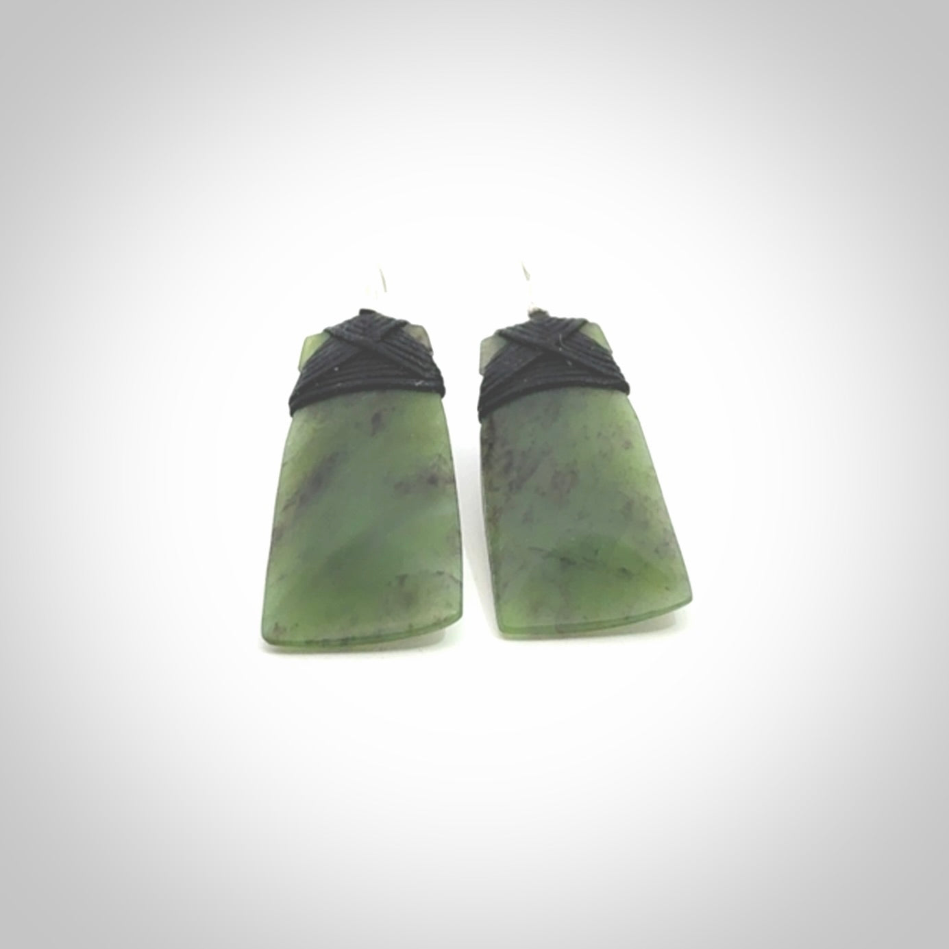 Hand crafted large, New Zealand Jade toki earrings with Sterling Silver Hooks. Jade toki earrings, packaged in a woven kete pouch.