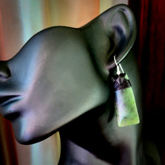 Hand crafted large, New Zealand Jade toki earrings with Sterling Silver Hooks. Jade toki earrings, packaged in a woven kete pouch.