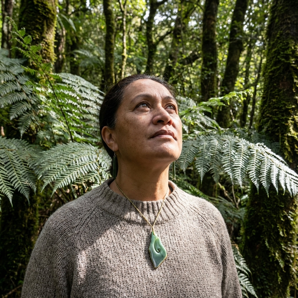 Woman standing in a lush green forest with ferns and trees wearing jade hook